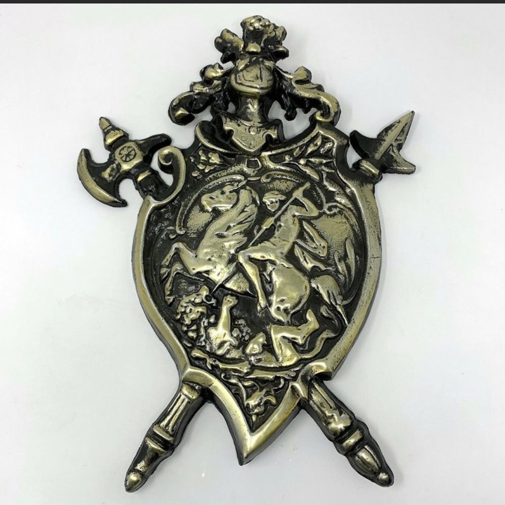 Vintage Metal Coat of Arms Wall Hanging Art Plaque Sword Axe Medieval Knight